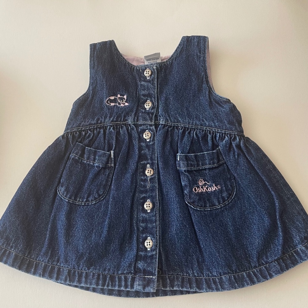 Vintage Baby Oshkosh B’Gosh Lined Denim Dress with Kitty applique
